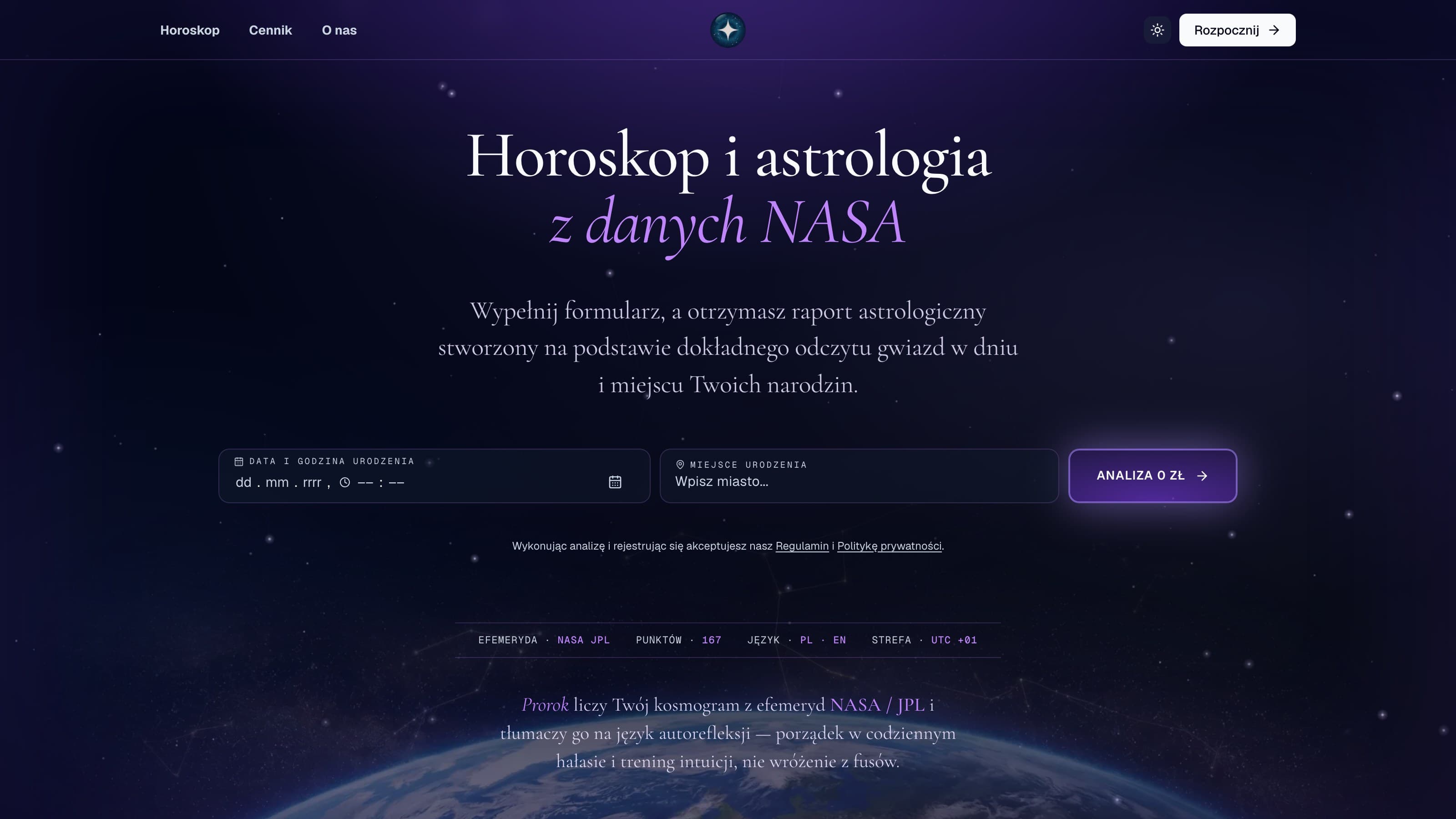 prorok.pl na produkcji — strona główna w trybie ciemnym: „Horoskop i astrologia z danych NASA” z formularzem analizy